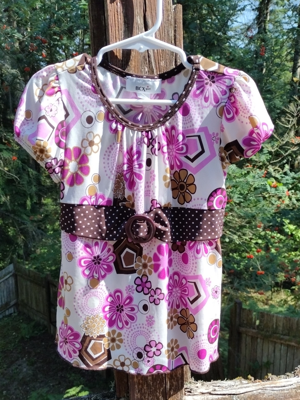 BCX Girls,Size6, Pink & Brown Floral Belted Knit Top